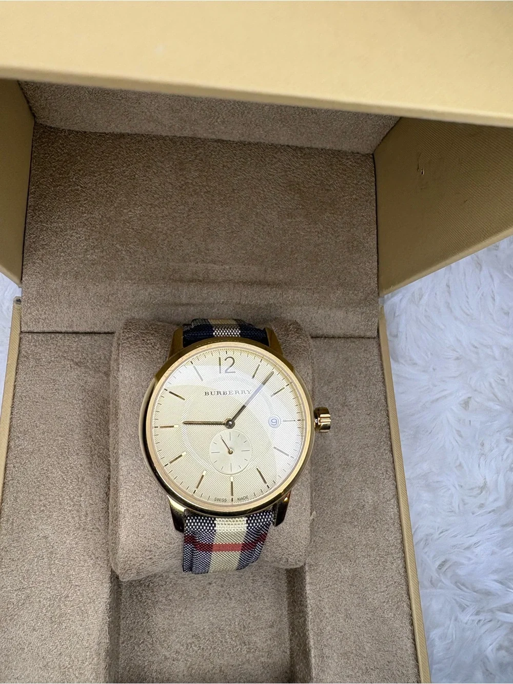 Burberry Gold Dial Watch with Signature Check Strap